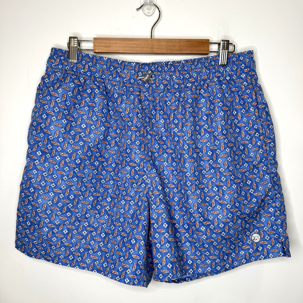 Zegna Sport Swim Trunk Shorts Mens XL 5" Blue Tropical Floral Pockets Lined Logo